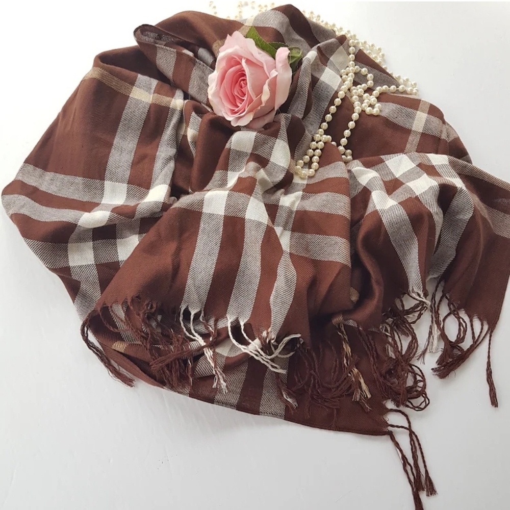 Pashmina Shawl, Brown Plaid, Brown White Stripe, Vintage Pashmina Scarf, Brown E